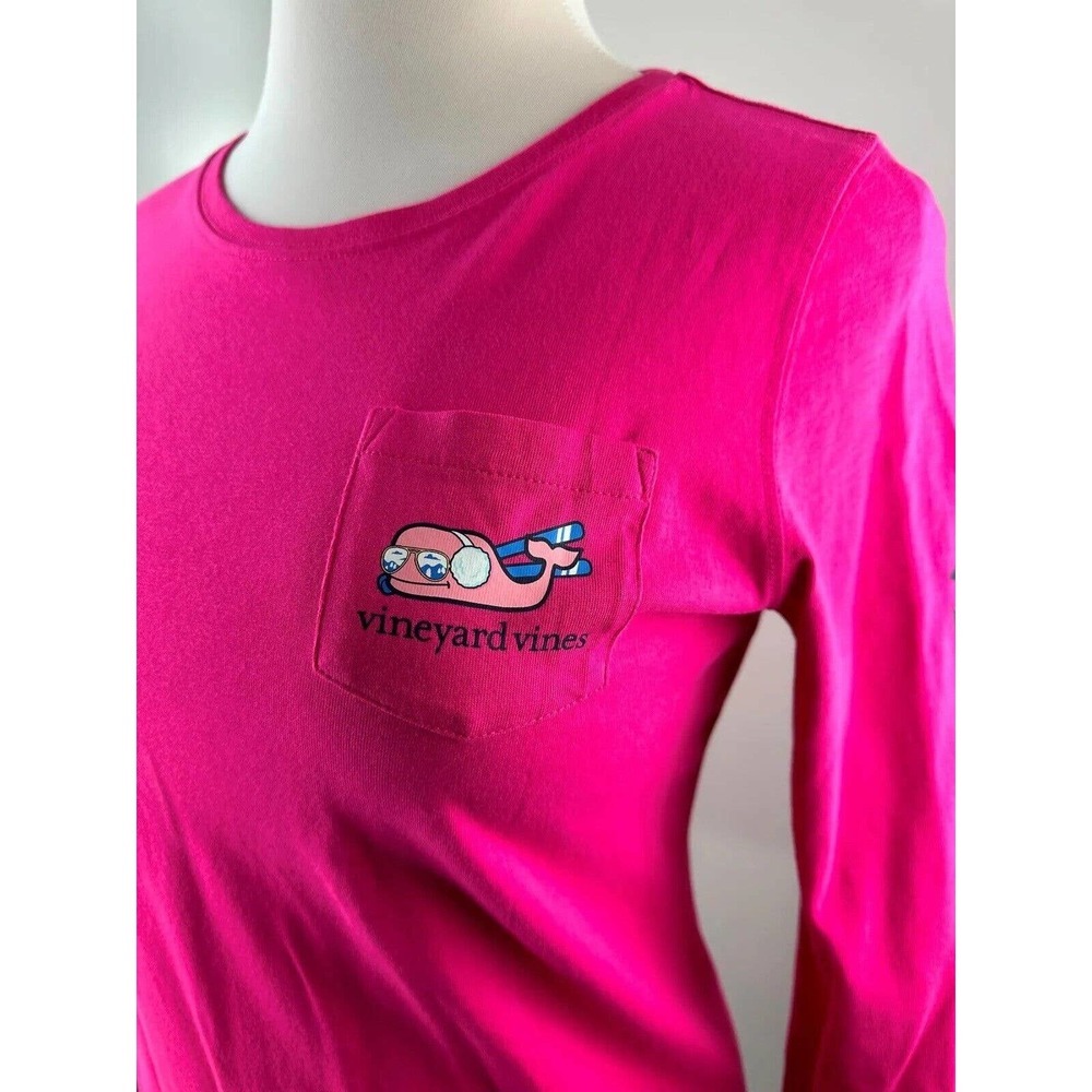Vineyard Vines Long Sleeve Snow Bunny Whale Pocket Tee Pink Shirt Women's Small - Picture 5 of 14